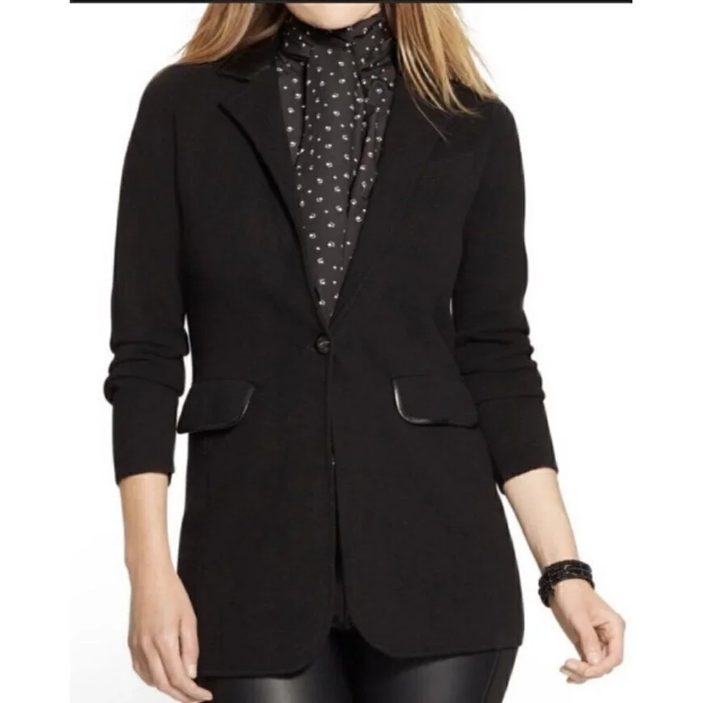 Lauren Ralph Lauren Womens Size‎ XS Black Faux Leather Trim Cotton Knit Blazer